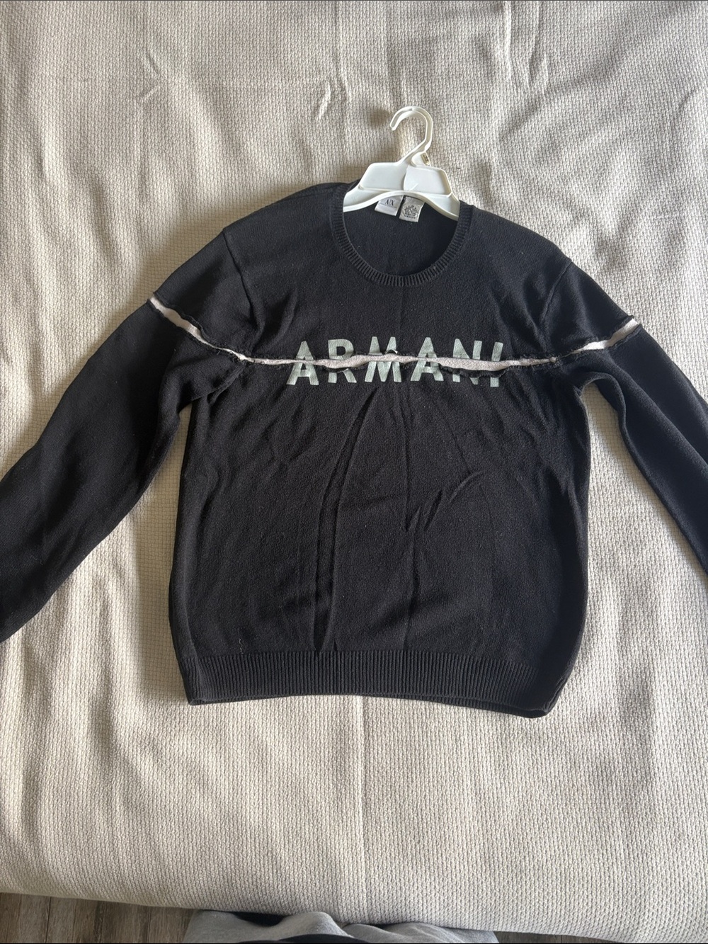 Vintage Giorgio Armani Black Crewneck Sweater with White Logo Stripe
